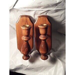Vintage Wooden Wall Sconces Pair Candle Holder with Gold detail 8 inch long